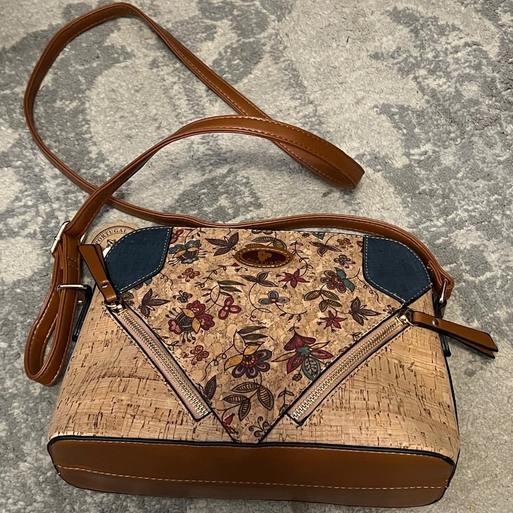 Portugal Cork Floral Crossbody Bag Brown Vegan Leather Barcelos Rooster Bag